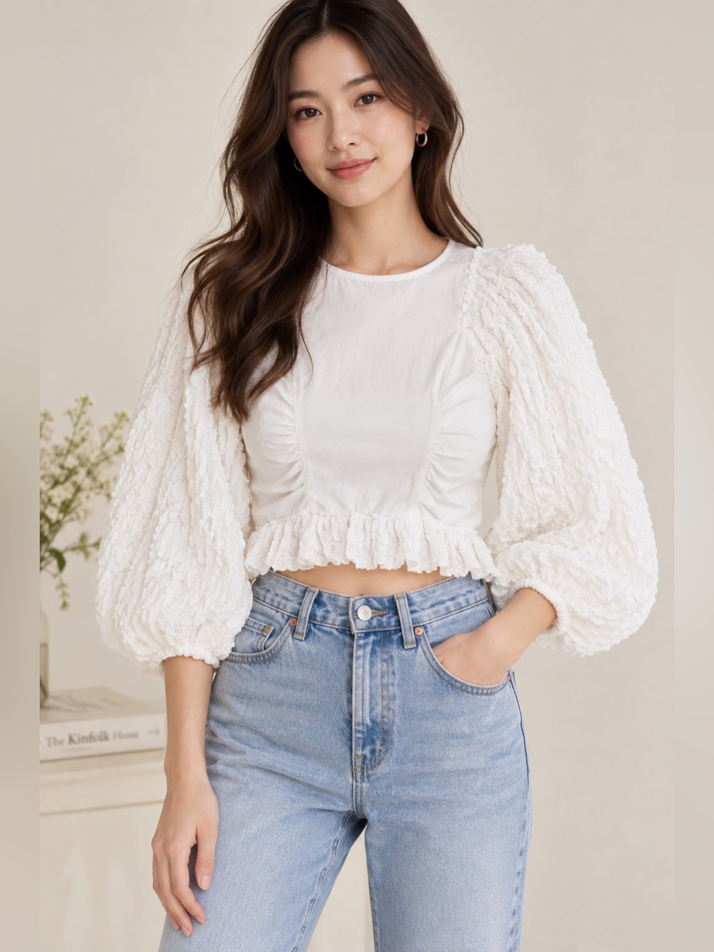 Free People White Textured Puff Sleeve Ruffle Crop Top Size L